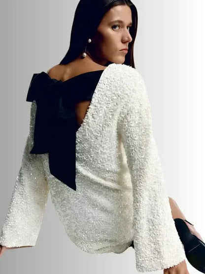 Boat Neck Sequin Embellished Bell Sleeve Shift Mini Dress