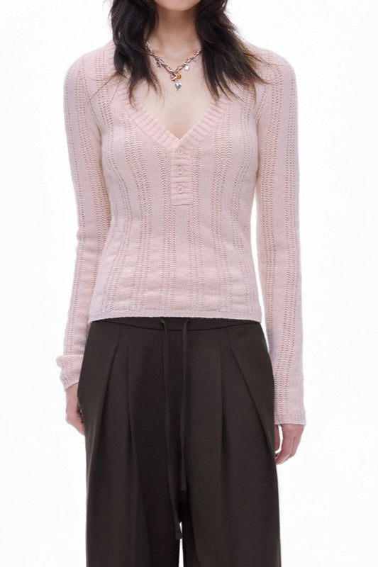 Openwork Wool Blend V-Neck Knit Top