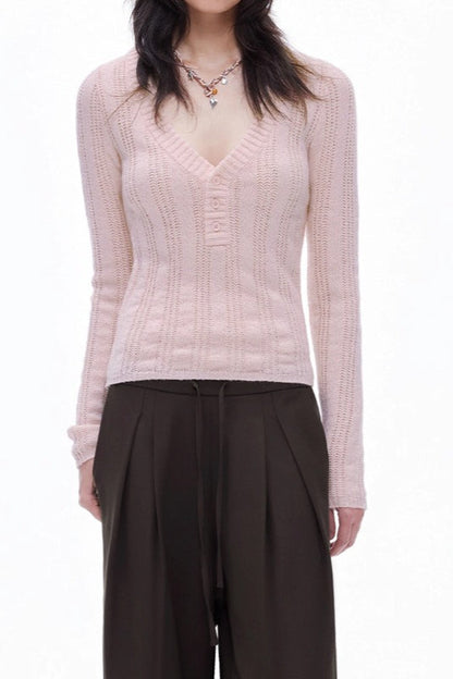 Openwork Wool Blend V-Neck Knit Top