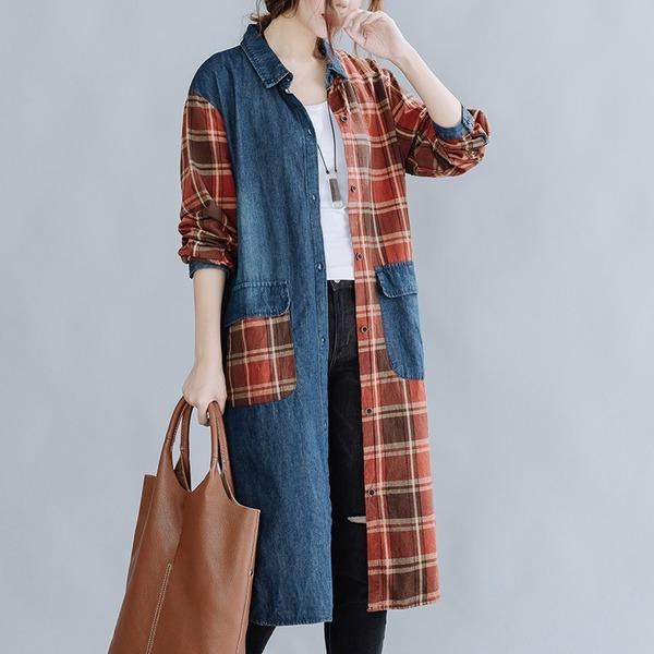 Denim Plaid Asymmetric Patchwork Longline Button Shirt Dress