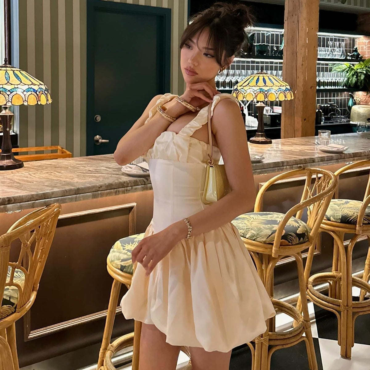 Square Neck Ruched Strap Satin Bubble Hem Corset Mini Dress