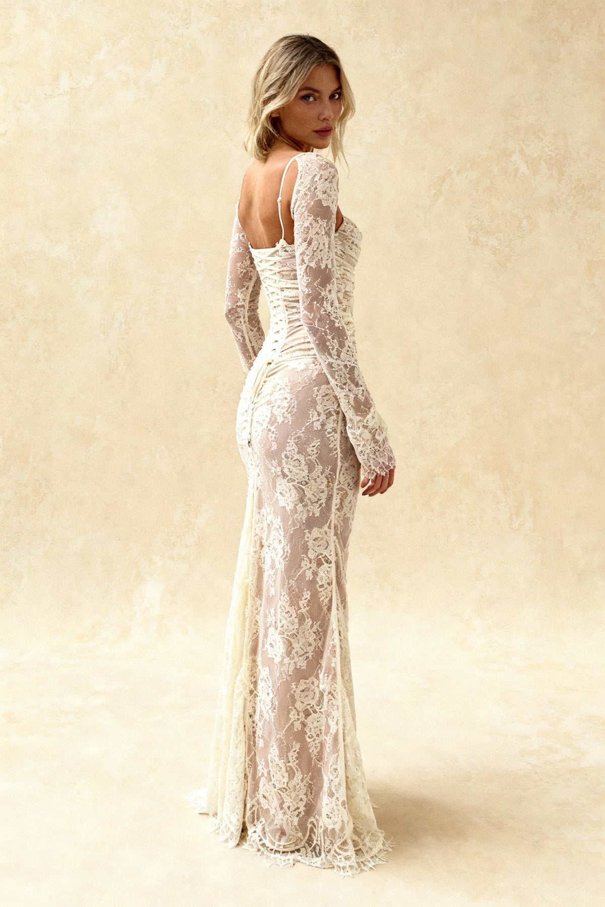 Floral Lace Square Neck Spaghetti Strap Ruched Long Sleeve Bolero Maxi Dress