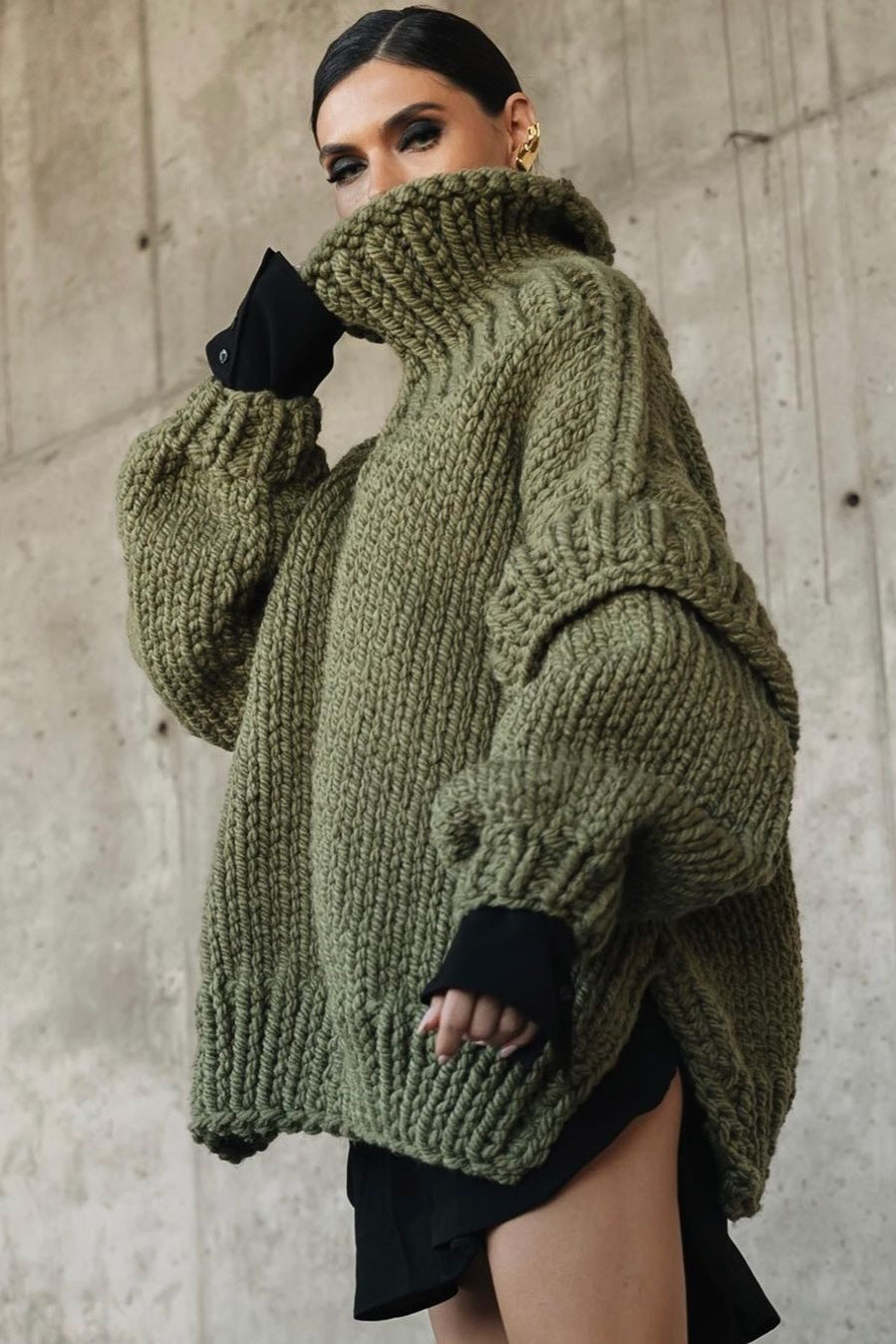 Solid Patchwork Chunky Fluffy Turtleneck Sweater