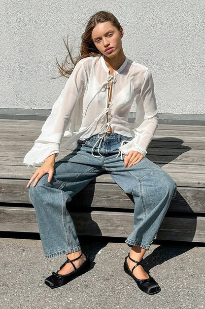 White Tie-Front Loose Stand-Collar Blouse