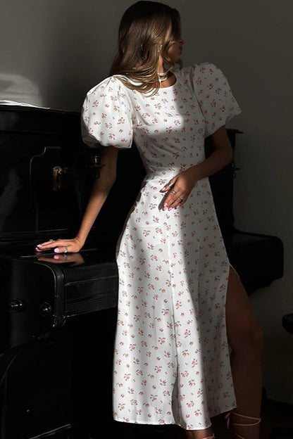 French Style Floral Puff Sleeve Work Dress