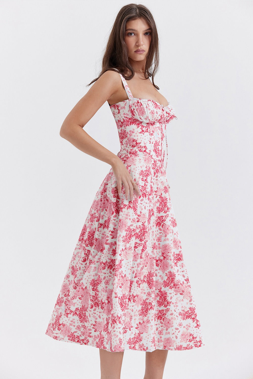Floral Print Sweetheart Corset Bodice Wide Strap Fit and Flare Midi Dress