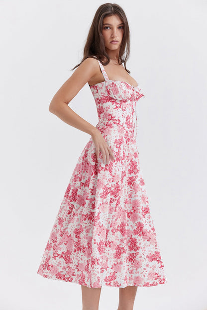Floral Print Sweetheart Corset Bodice Wide Strap Fit and Flare Midi Dress