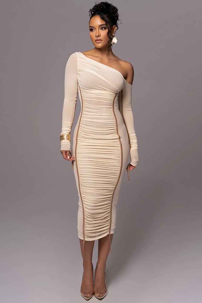 Diagonal Collar Mesh Midi Dress