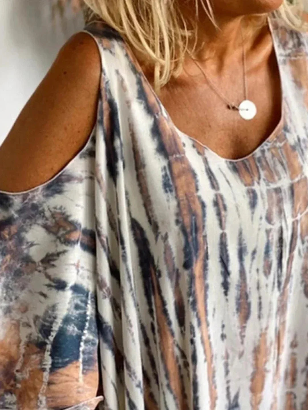V Neck Cold Shoulder Abstract Marbled Print Oversized Maxi Dress