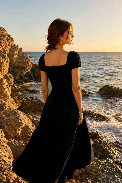 Sweetheart Tie Front Puff Sleeve Fit and Flare Midi Dress