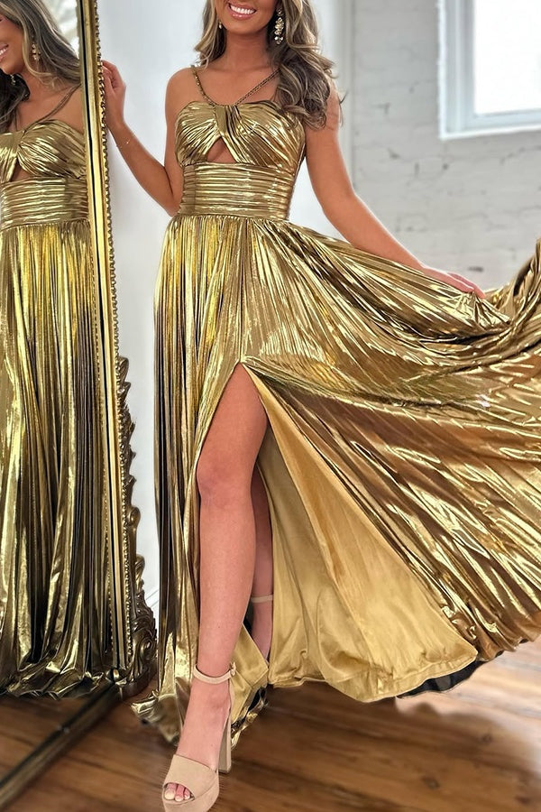 Queen Style Metallic Fabric Cross Neck Cutout Slit Pleated Maxi Dress