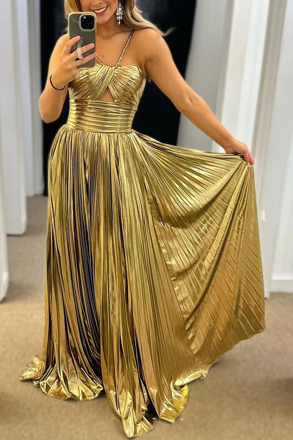 Queen Style Metallic Fabric Cross Neck Cutout Slit Pleated Maxi Dress