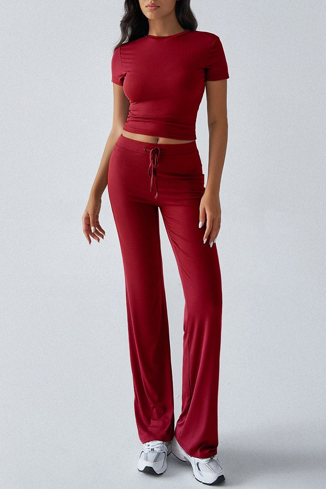 Crew Neck Crop T-Shirt and Wide Leg Pants Set