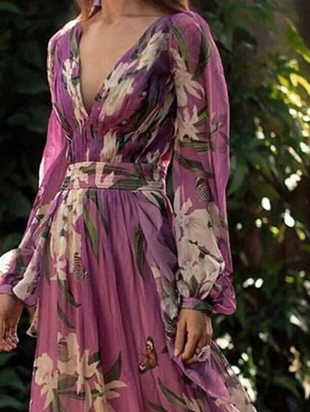 Deep V Neck Bishop Sleeve Butterfly Floral Print Belted Maxi Dress