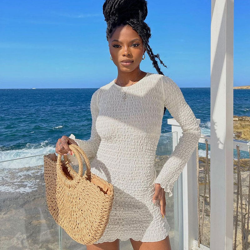 Smocked Crew Neck Long Sleeve Tie Back Mini Dress