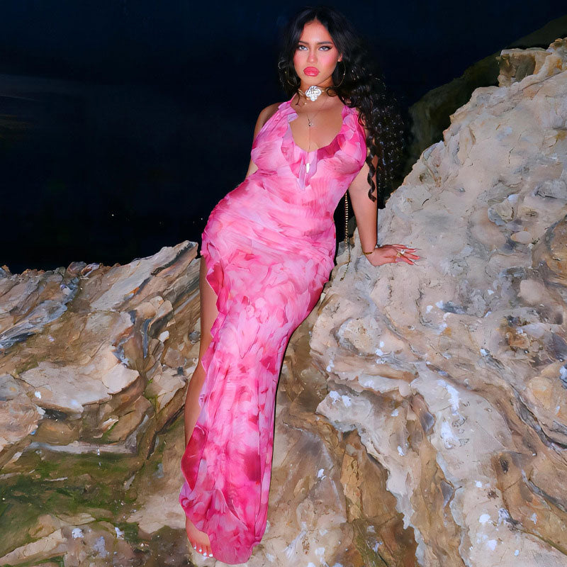 Floral Print Halter Ruffle Trim High Slit Mesh Maxi Dress