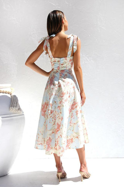 Floral Print Sweetheart Ruched Bust Bow Tie Strap Midi Dress