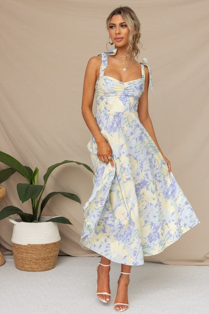 Floral Print Sweetheart Ruched Bust Bow Tie Strap Midi Dress