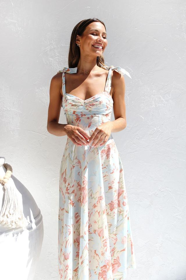 Floral Print Sweetheart Ruched Bust Bow Tie Strap Midi Dress