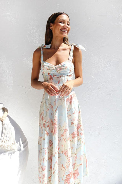 Floral Print Sweetheart Ruched Bust Bow Tie Strap Midi Dress
