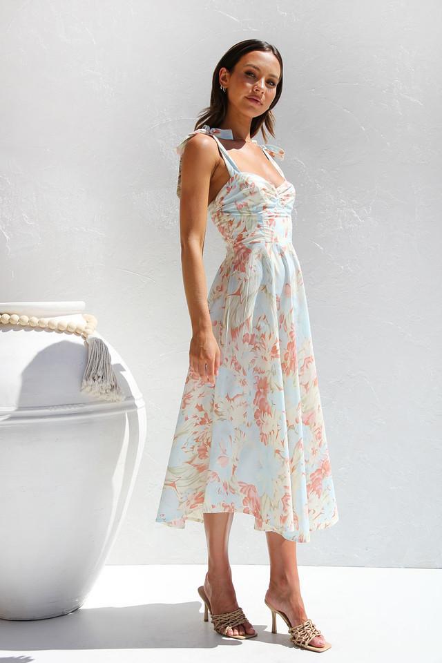 Floral Print Sweetheart Ruched Bust Bow Tie Strap Midi Dress