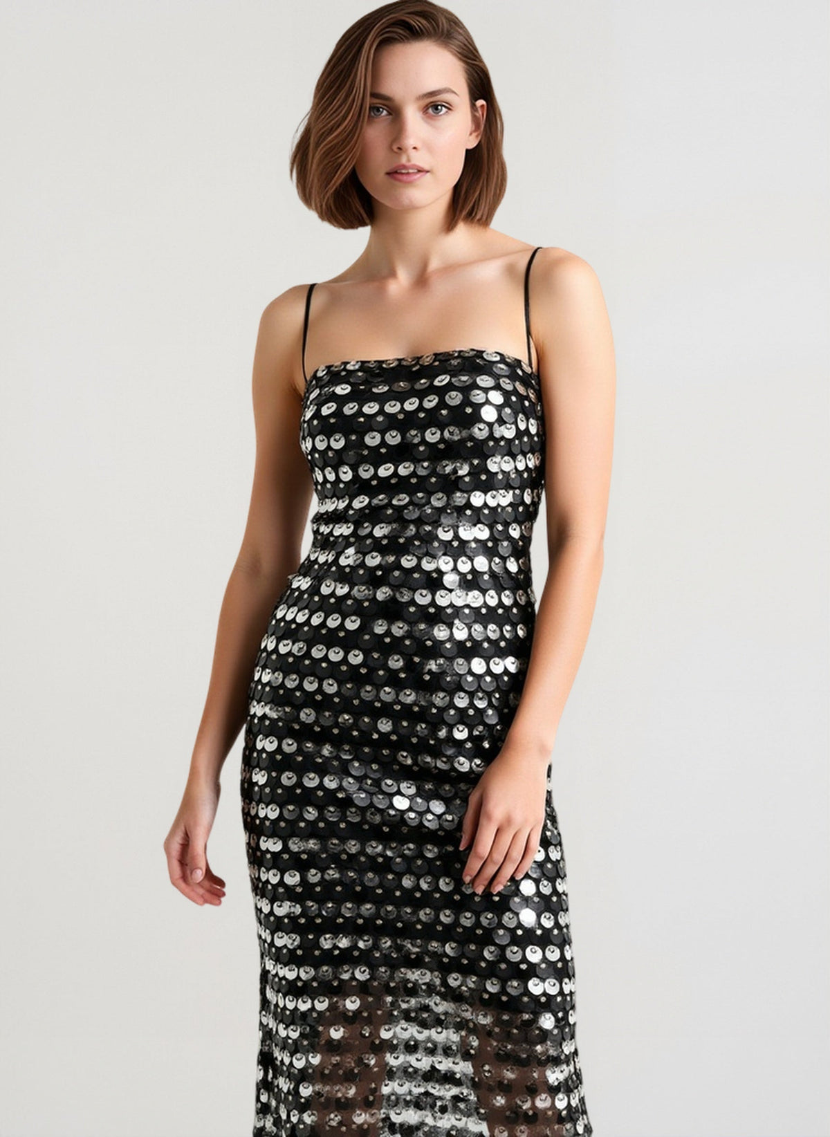 Square Neck Disc Sequin Spaghetti Strap Bodycon Midi Dress