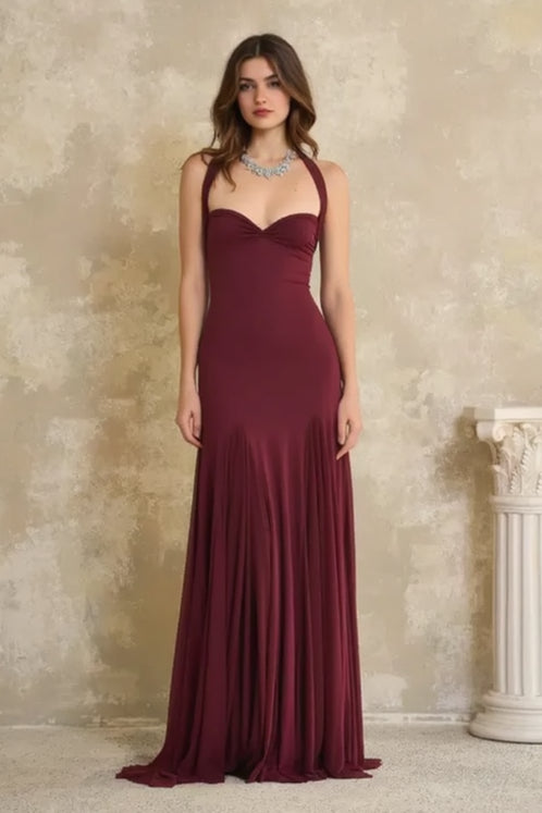 Halter Neck Sweetheart Ruched Bodice Pleated Skirt Floor Length Gown