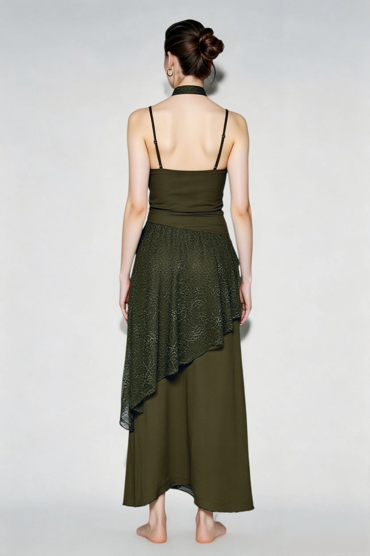 Lace Waist Sheer Overlay Tiered Scarf Neck Maxi Dress