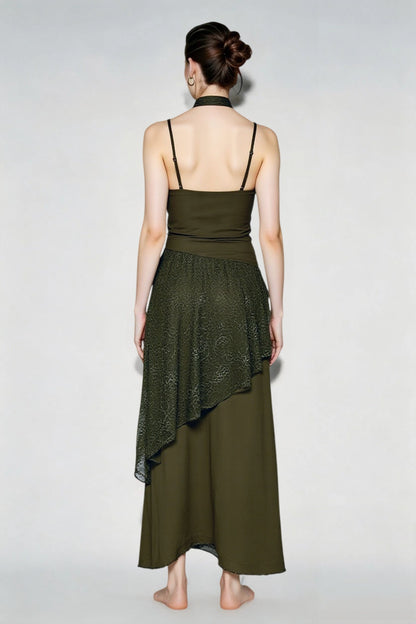 Lace Waist Sheer Overlay Tiered Scarf Neck Maxi Dress