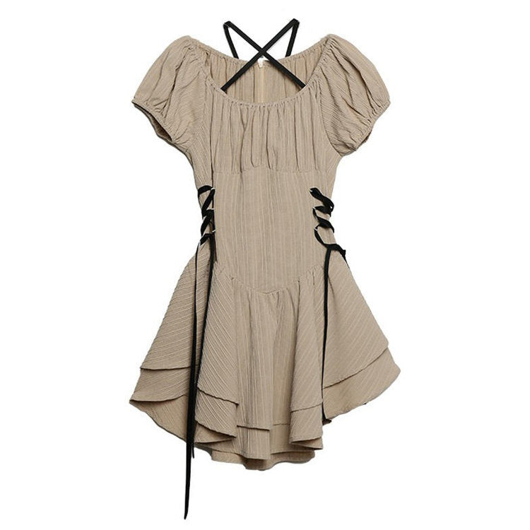 Puff Sleeve Lace Up Side Tiered Ruffle Cross Back Mini Dress