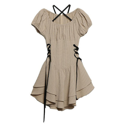 Puff Sleeve Lace Up Side Tiered Ruffle Cross Back Mini Dress