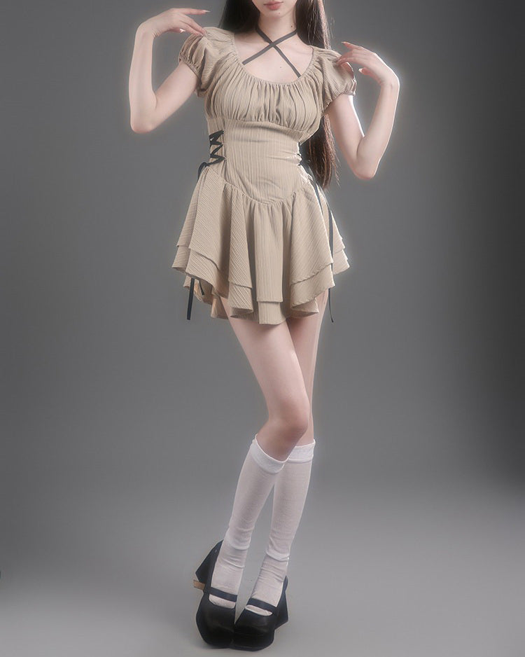 Puff Sleeve Lace Up Side Tiered Ruffle Cross Back Mini Dress