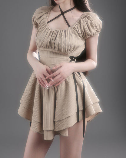 Puff Sleeve Lace Up Side Tiered Ruffle Cross Back Mini Dress