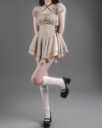 Puff Sleeve Lace Up Side Tiered Ruffle Cross Back Mini Dress