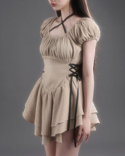 Puff Sleeve Lace Up Side Tiered Ruffle Cross Back Mini Dress