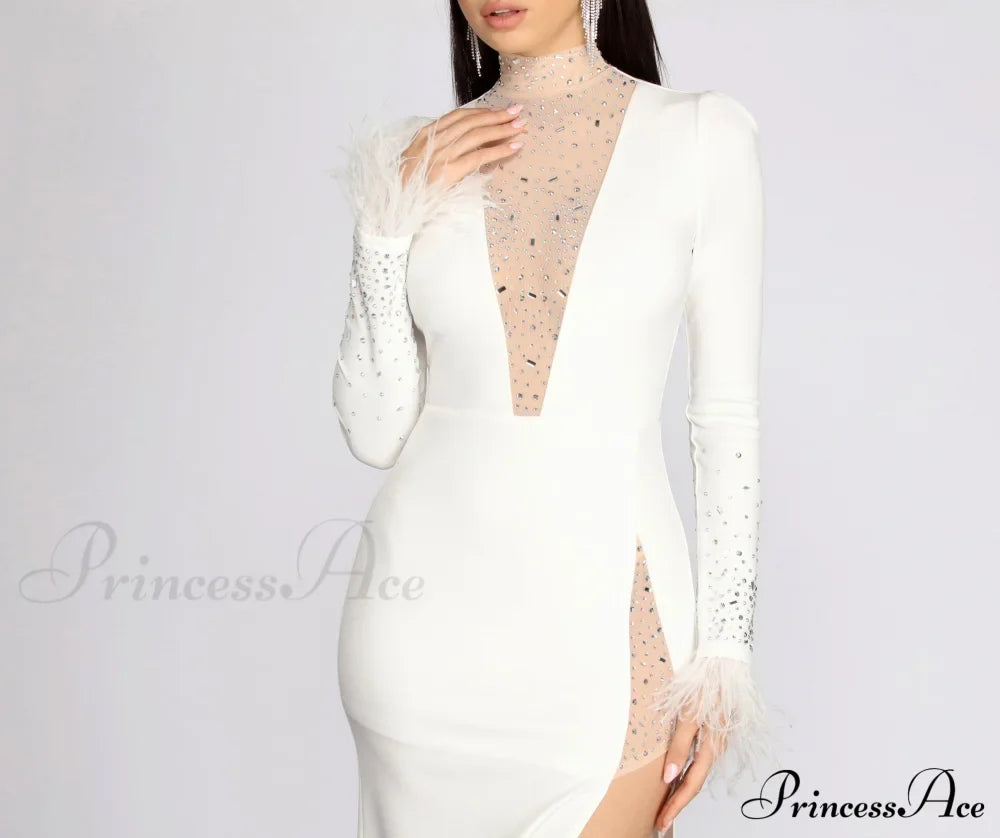 Beka Mesh And Heat Graceful Stone High Slit Dress