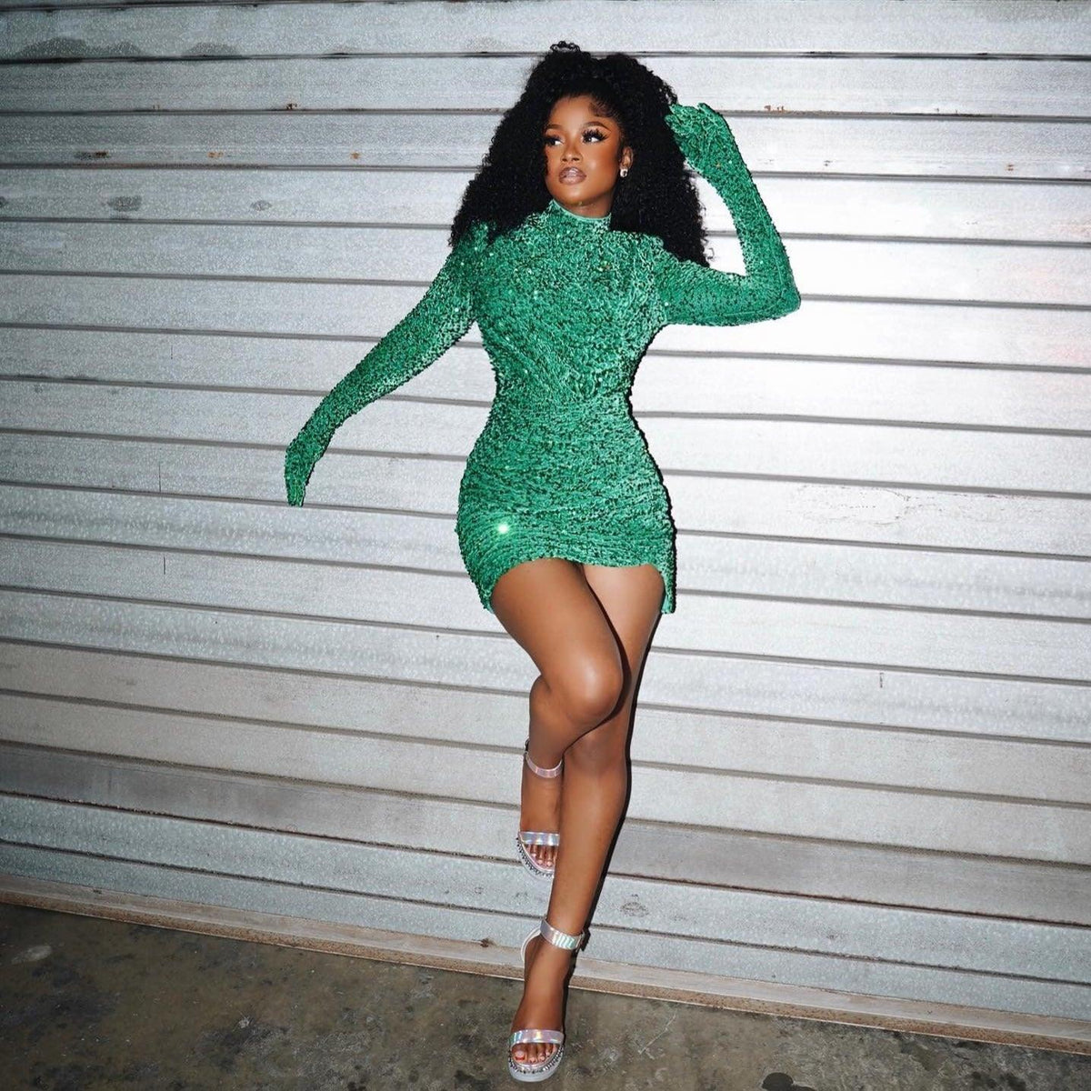 Mock Neck Sequin Mesh Glove Sleeve Bodycon Mini Dress