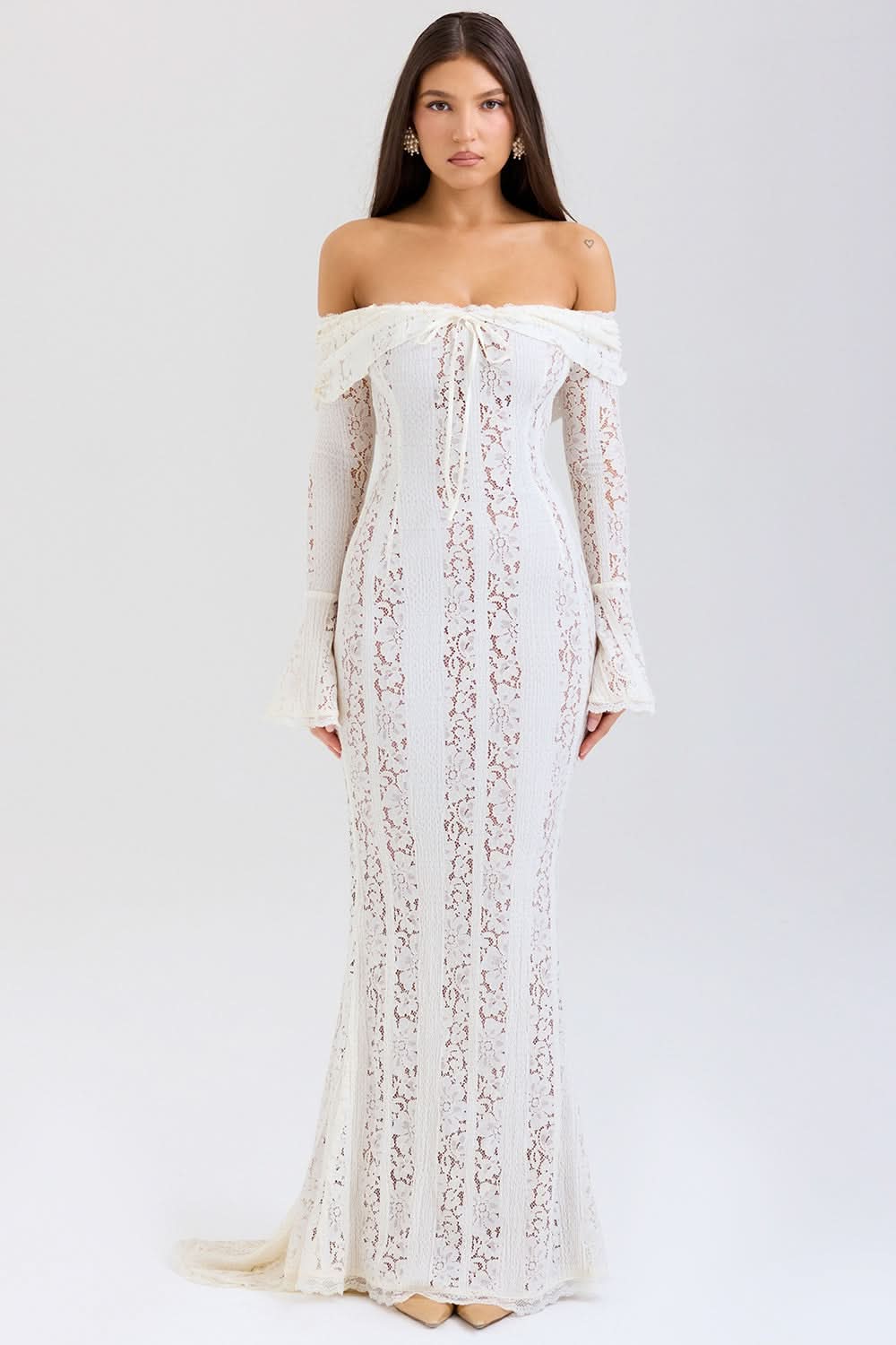 Off Shoulder Lace Up Tie Long Sleeve Bell Cuff Mermaid Lace Maxi Dress