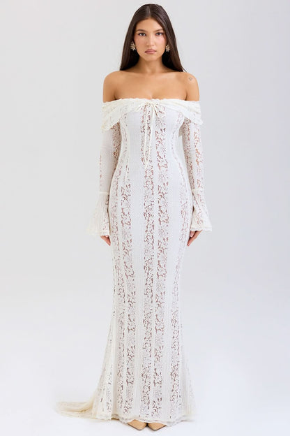 Off Shoulder Lace Up Tie Long Sleeve Bell Cuff Mermaid Lace Maxi Dress