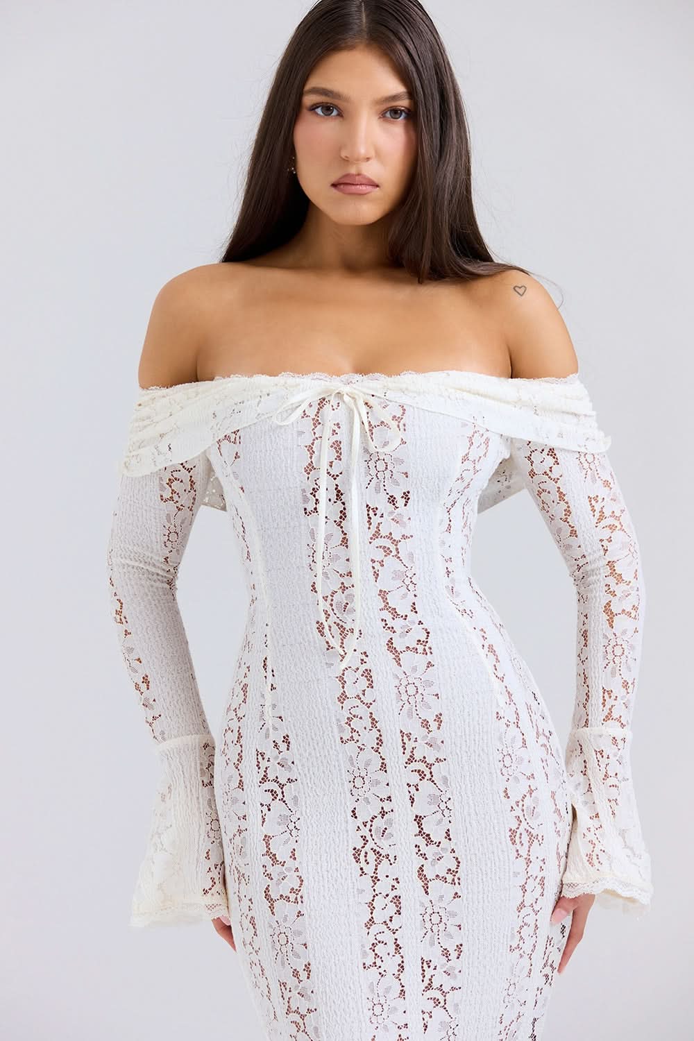 Off Shoulder Lace Up Tie Long Sleeve Bell Cuff Mermaid Lace Maxi Dress
