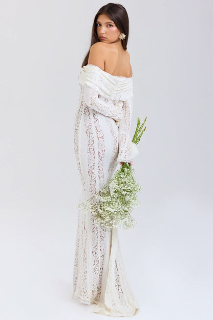 Off Shoulder Lace Up Tie Long Sleeve Bell Cuff Mermaid Lace Maxi Dress