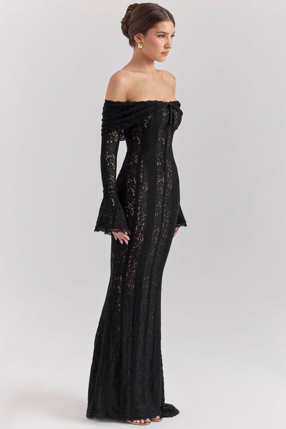 Off Shoulder Lace Up Tie Long Sleeve Bell Cuff Mermaid Lace Maxi Dress