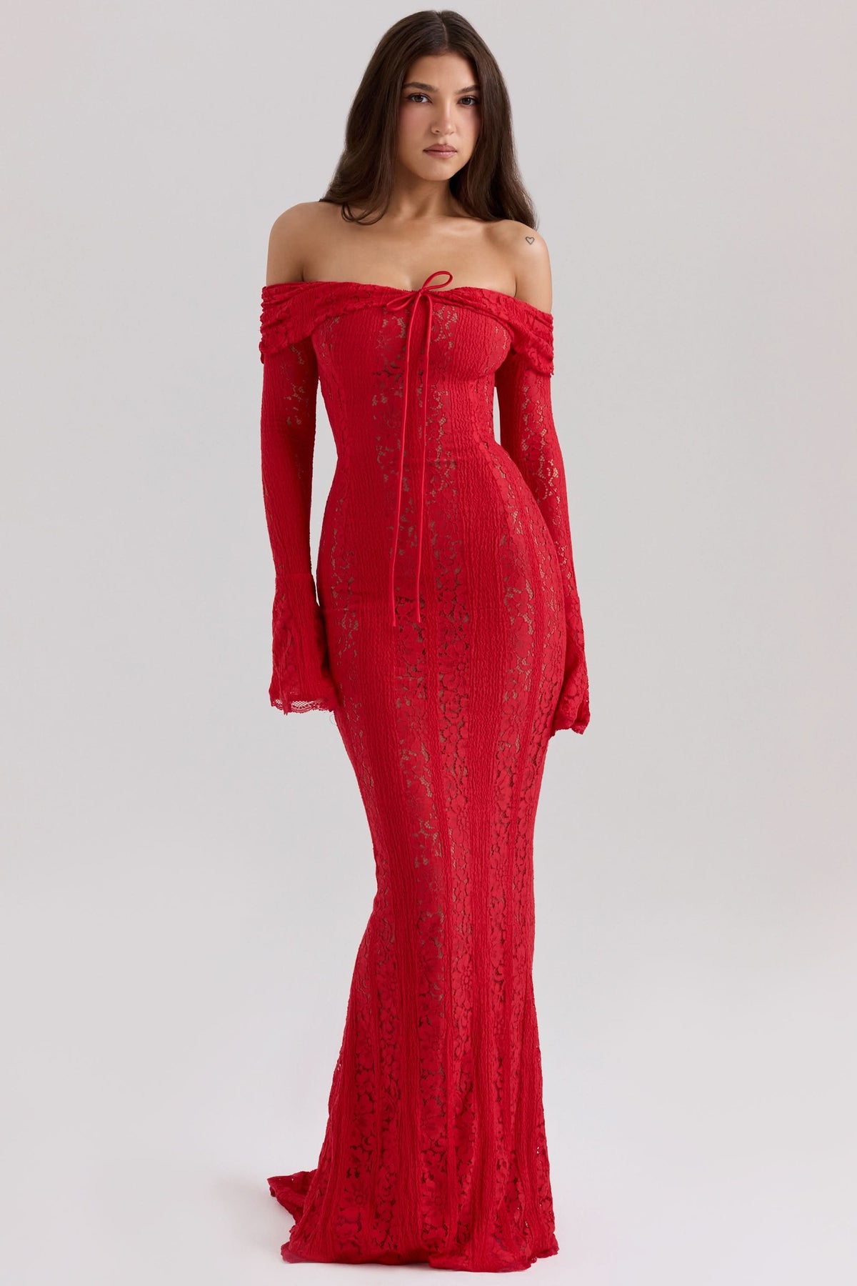 Off Shoulder Lace Up Tie Long Sleeve Bell Cuff Mermaid Lace Maxi Dress