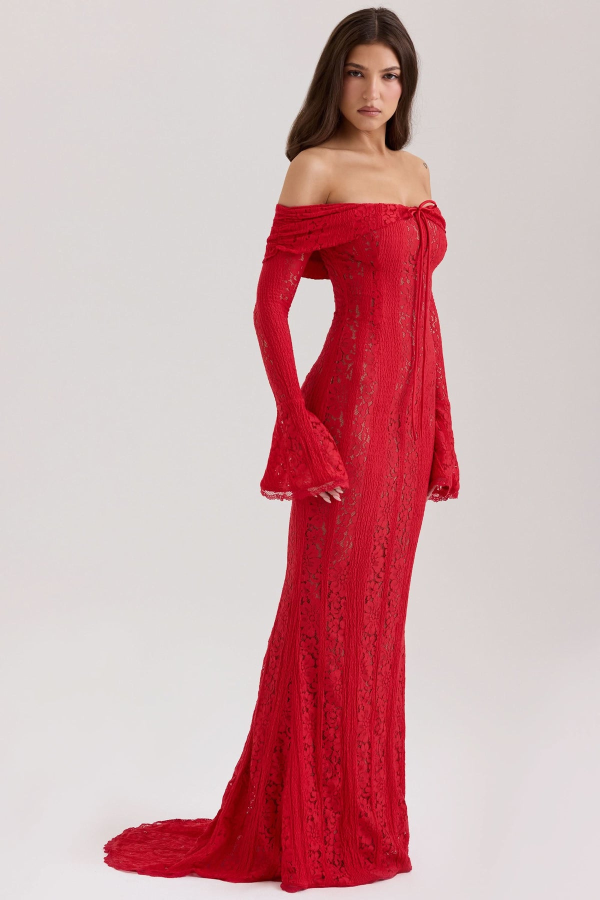 Off Shoulder Lace Up Tie Long Sleeve Bell Cuff Mermaid Lace Maxi Dress