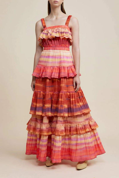 Tie Dye Stripe Pleated Tiered Ruffle Overlay Maxi Dress
