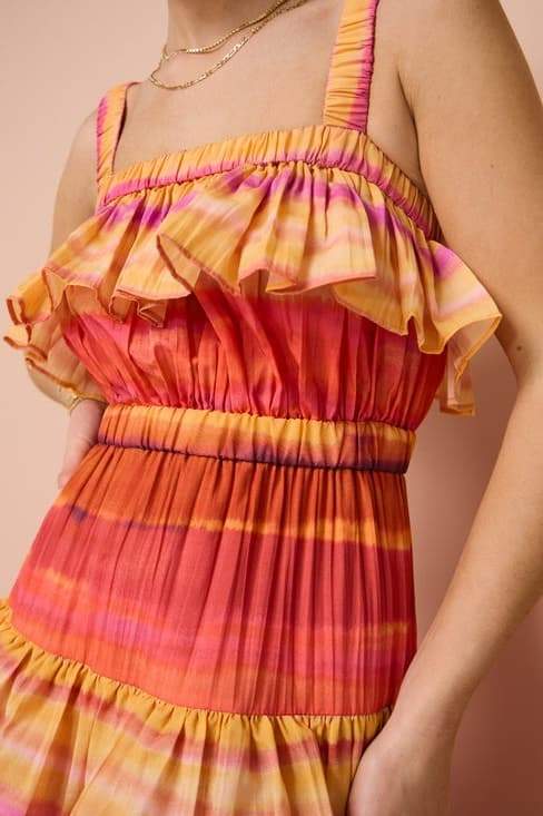 Tie Dye Stripe Pleated Tiered Ruffle Overlay Maxi Dress