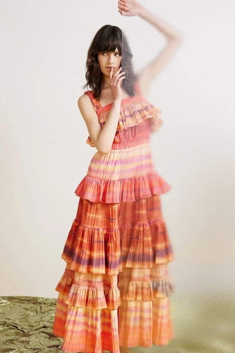 Tie Dye Stripe Pleated Tiered Ruffle Overlay Maxi Dress