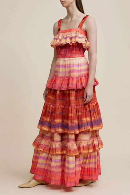 Tie Dye Stripe Pleated Tiered Ruffle Overlay Maxi Dress