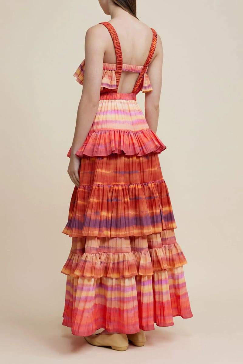 Tie Dye Stripe Pleated Tiered Ruffle Overlay Maxi Dress