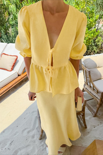 Resort Casual Cotton Linen Puff Sleeve Two Piece Skirt Set